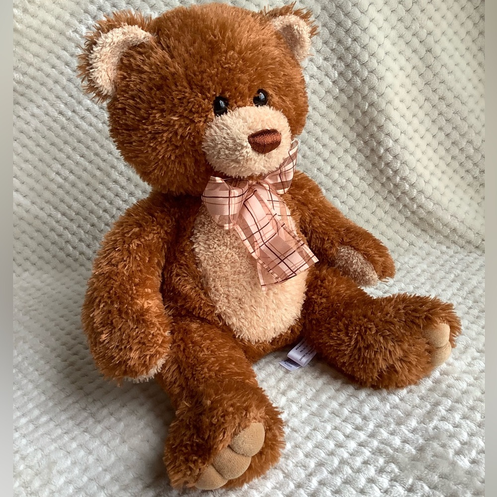 Aurora World Plush Teddy Bear Rusty Brown Tan with Plaid Bow Stuffed Animal Toy